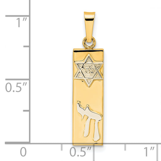 Colgante Mezuzá Hueco y Pulido en Oro Bicolor de 14k con Estrella de David y Chai