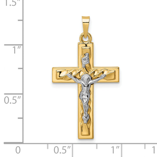 Colgante de Crucifijo INRI Hueco Retorcido y Pulido en Oro de 14k Bicolor