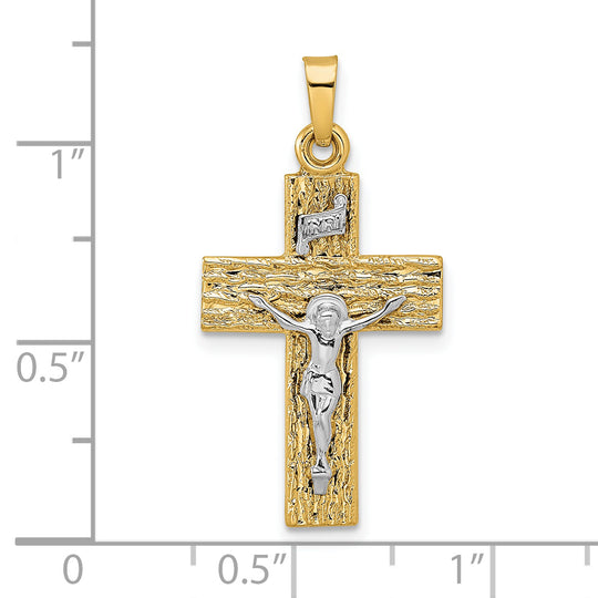 Colgante Crucifijo INRI en Oro de Dos Tonos 14K con Textura de Madera Pulido y Sólido