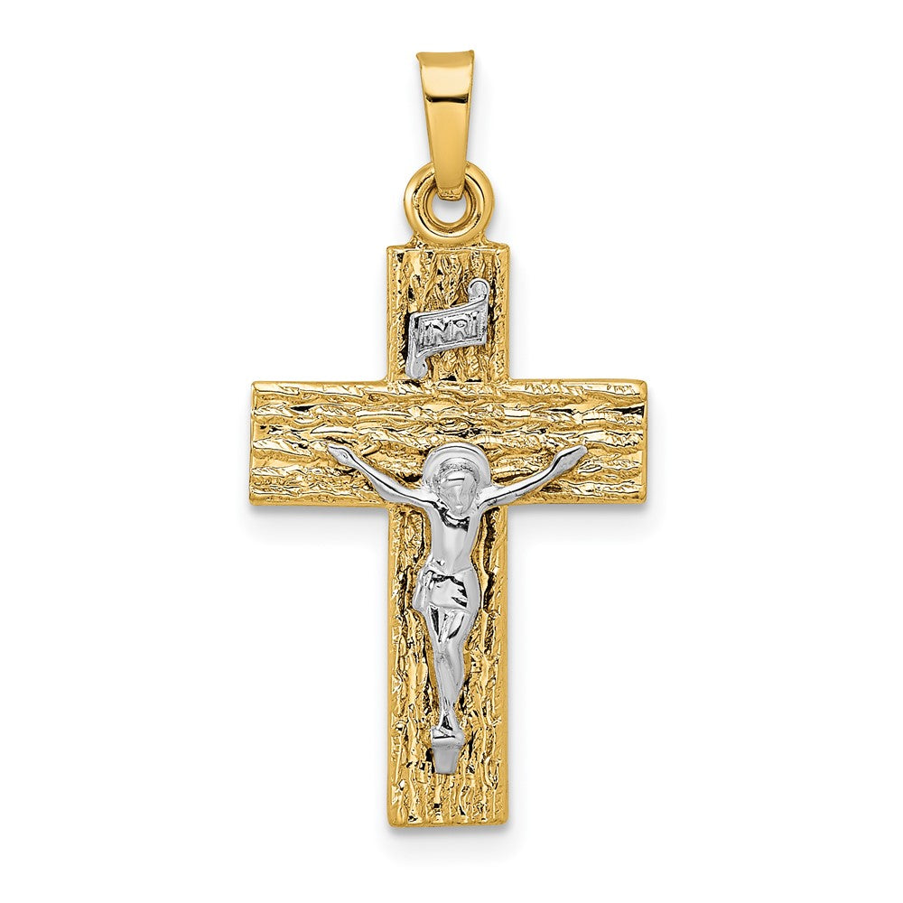 Colgante Crucifijo INRI en Oro de Dos Tonos 14K con Textura de Madera Pulido y Sólido