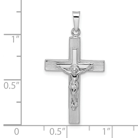 Colgante Crucifijo Estriado Sólido Pulido en Oro Blanco 14K