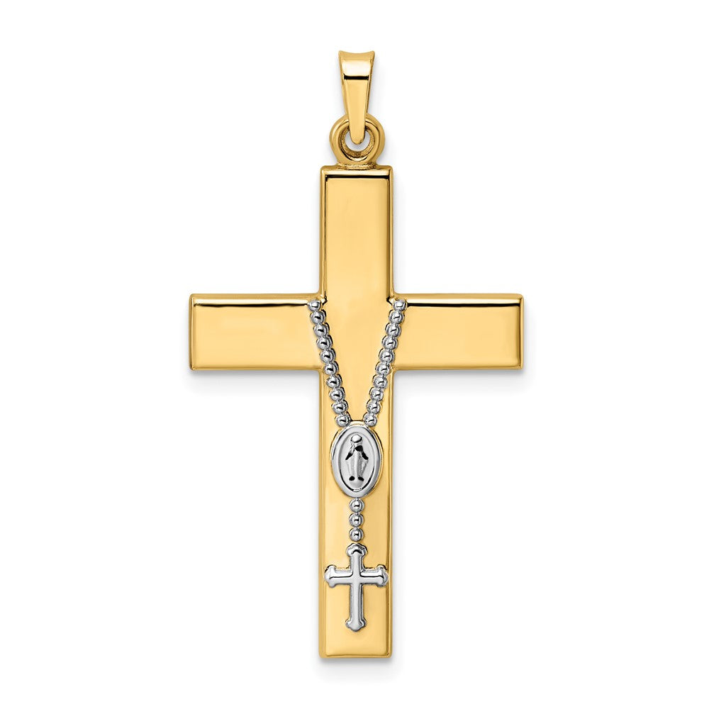 Colgante de Cruz de Rosario Hueco Bicolor Pulido en Oro de 14k