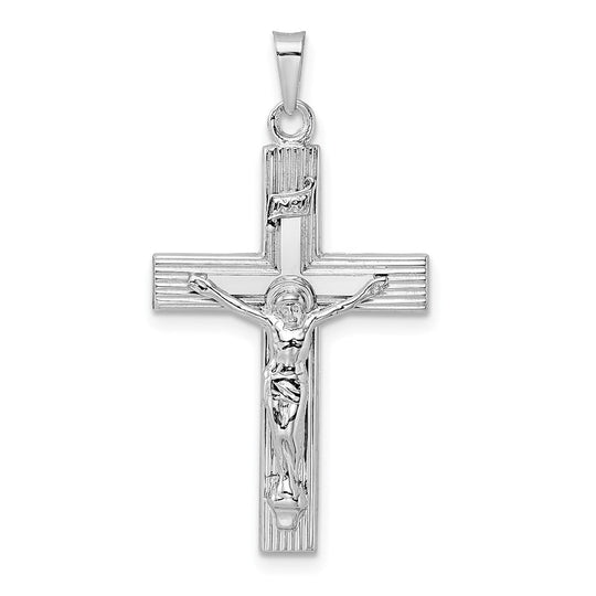 Colgante Crucifijo INRI Rayado Sólido de Oro Blanco 14K