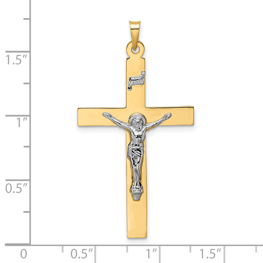 Colgante Crucifijo INRI Sólido Pulido de Oro 14K Bicolor