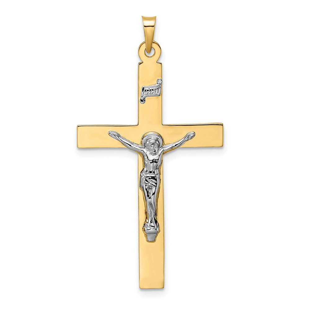 Colgante Crucifijo INRI Sólido Pulido de Oro 14K Bicolor