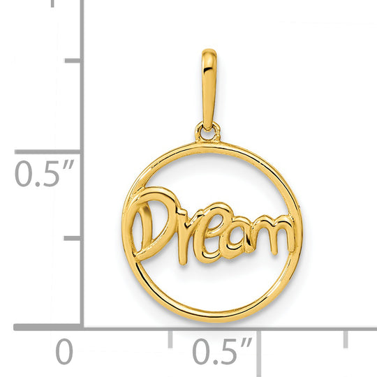 Colgante de Círculo Pulido con la Palabra "DREAM" en Oro de 14k