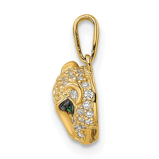 Colgante Cabeza de Leona en Oro Amarillo de 14K con CZ Verde y Blanco Pulido