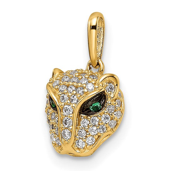 Colgante Cabeza de Leona en Oro Amarillo de 14K con CZ Verde y Blanco Pulido