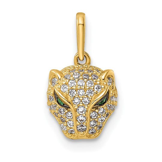 Colgante Cabeza de Leona en Oro Amarillo de 14K con CZ Verde y Blanco Pulido