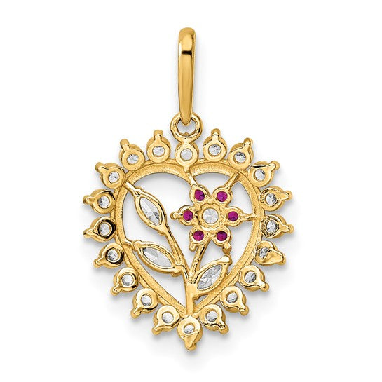 Colgante de Corazón con Flores en CZ Blanco y Rosa Pulido en Oro Amarillo 14K