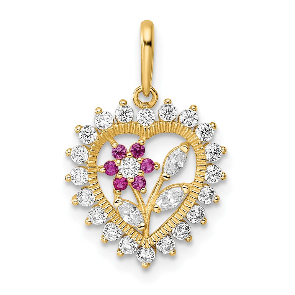 Colgante de Corazón con Flores en CZ Blanco y Rosa Pulido en Oro Amarillo 14K