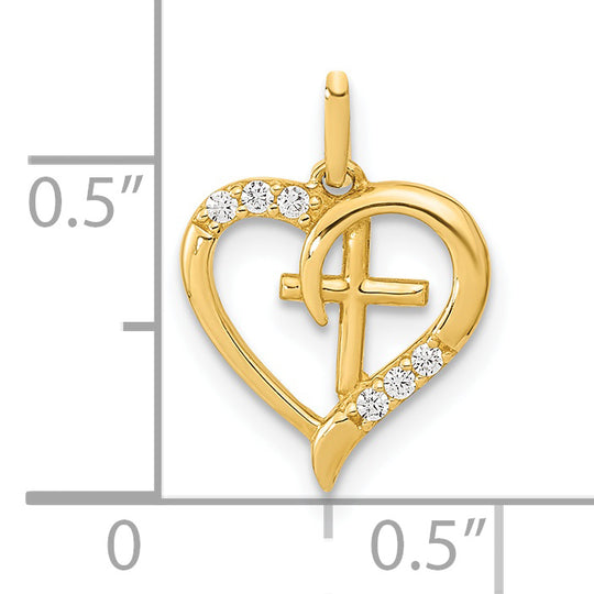 Colgante de Corazón Abierto con Cruz y CZ en Oro Amarillo de 14k Pulido