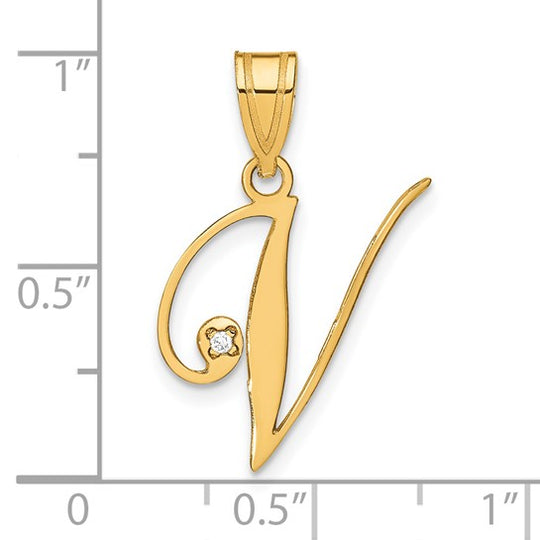 Dije de la Inicial "V" en Estilo Script con Diamante en Oro Amarillo de 14k