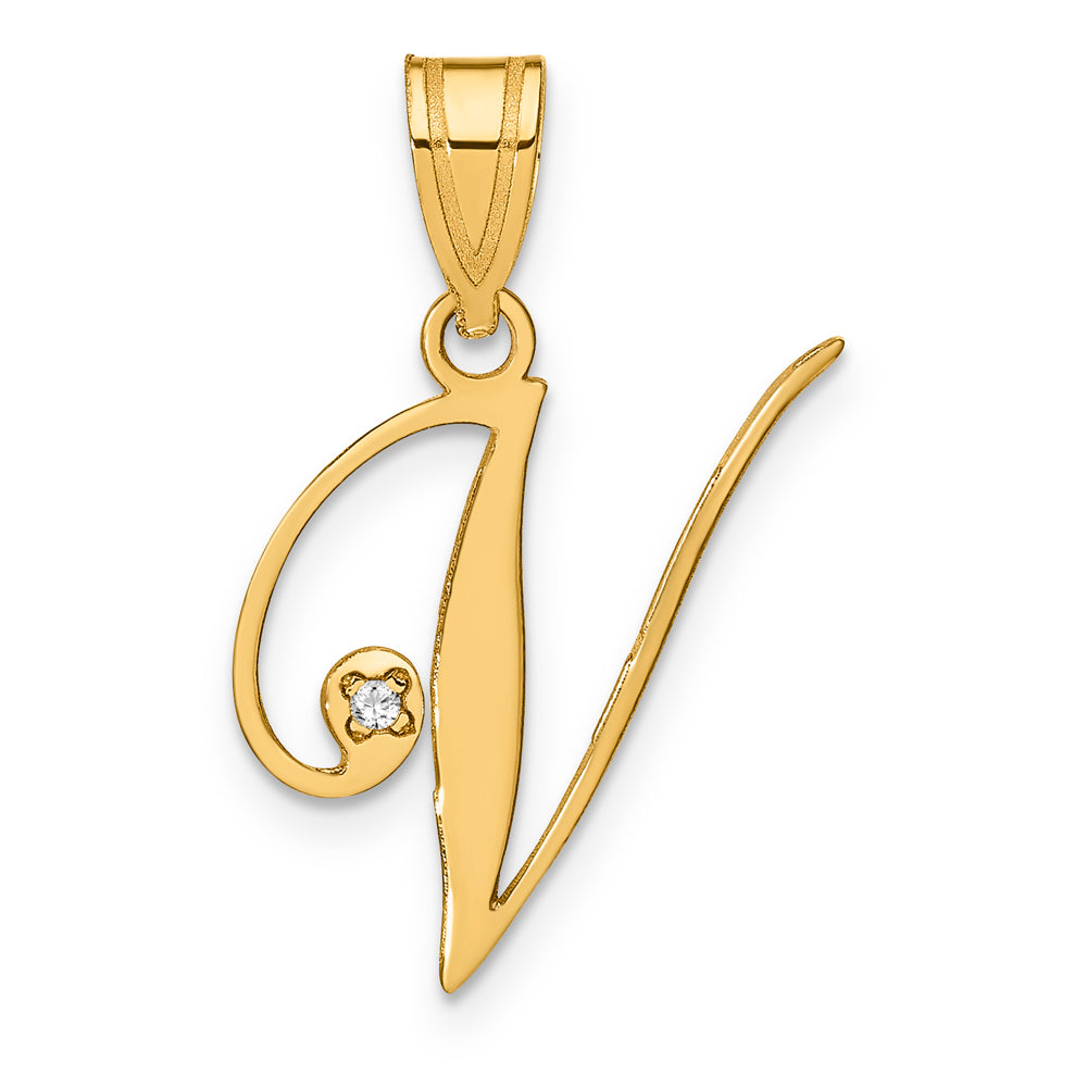 Dije de la Inicial "V" en Estilo Script con Diamante en Oro Amarillo de 14k