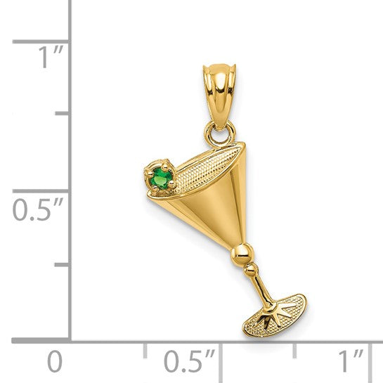 Colgante de Vaso de Martini con Oliva Verde de CZ en Oro Amarillo de 14K