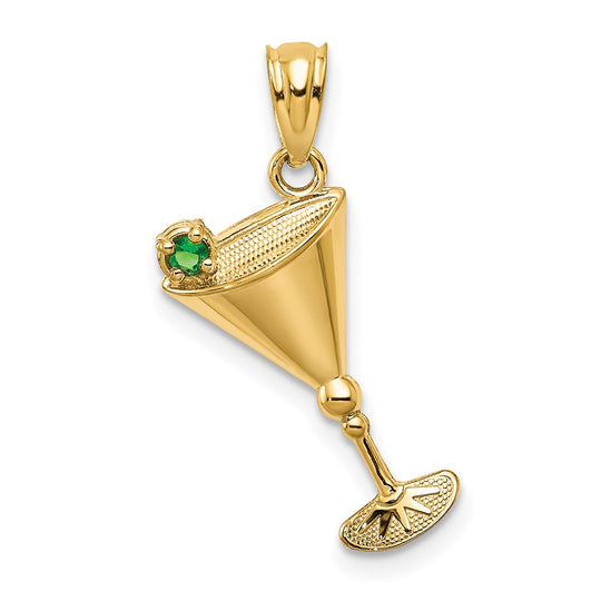 Colgante de Vaso de Martini con Oliva Verde de CZ en Oro Amarillo de 14K