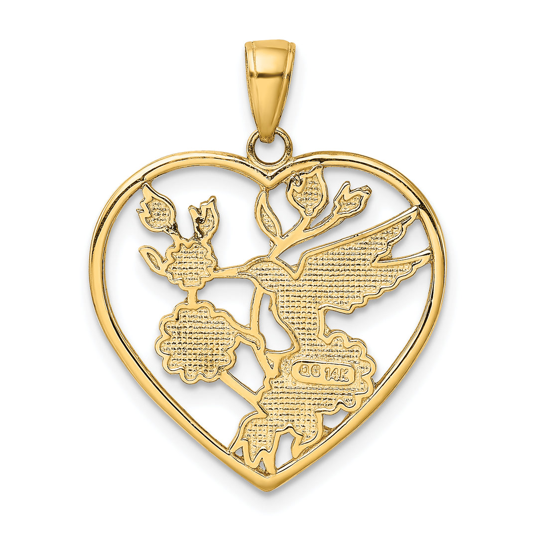 Colgante de Corazón con Colibrí Esmaltado y Flores en Oro Amarillo de 14K