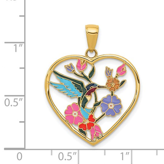 Colgante de Corazón con Colibrí Esmaltado y Flores en Oro Amarillo de 14K