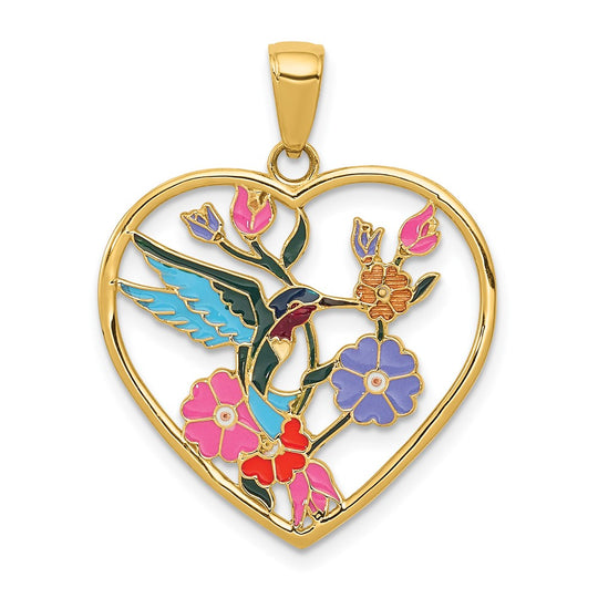 Colgante de Corazón con Colibrí Esmaltado y Flores en Oro Amarillo de 14K