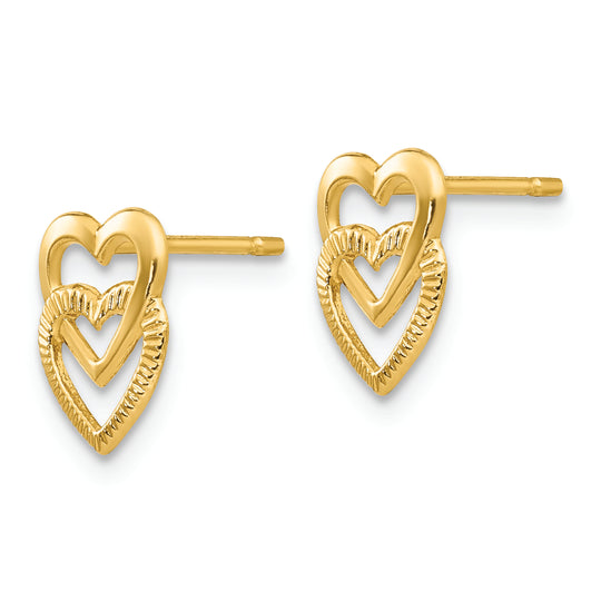 Pendientes de Corazón Doble Pulidos de 14K Oro Amarillo