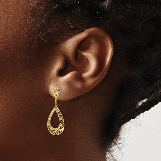 Aretes Colgantes de Oro Amarillo de 14K con Corte Diamantado y Cierre de Poste