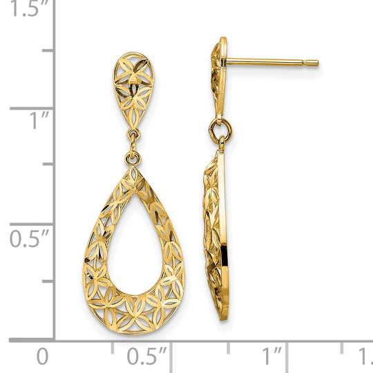 Aretes Colgantes de Oro Amarillo de 14K con Corte Diamantado y Cierre de Poste