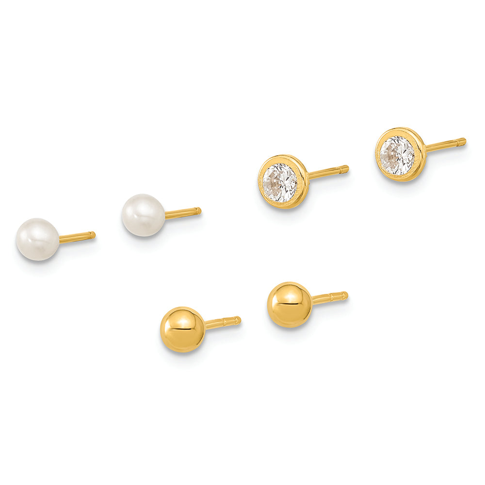 Juego de 3 Pares de Pendientes en Oro Amarillo de 14k Pulido con Perla y Circonia Cubica (CZ) en Engaste Bezel