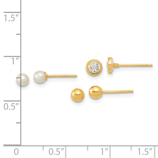 Juego de 3 Pares de Pendientes en Oro Amarillo de 14k Pulido con Perla y Circonia Cubica (CZ) en Engaste Bezel