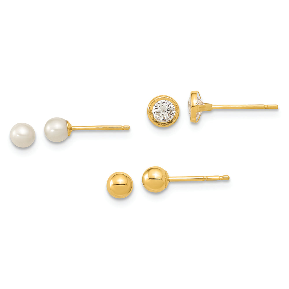 Juego de 3 Pares de Pendientes en Oro Amarillo de 14k Pulido con Perla y Circonia Cubica (CZ) en Engaste Bezel