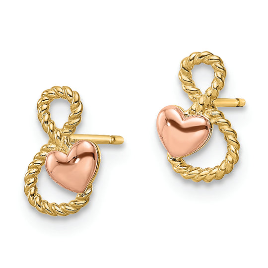 Pendientes en Oro Bicolor de 14k en Forma de Corazón