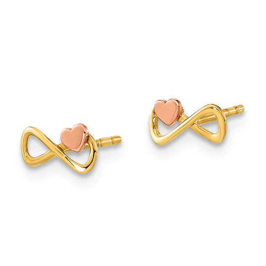 Pendientes de Botón en Oro Bicolor de 14k con Corazón y Símbolo de Infinito