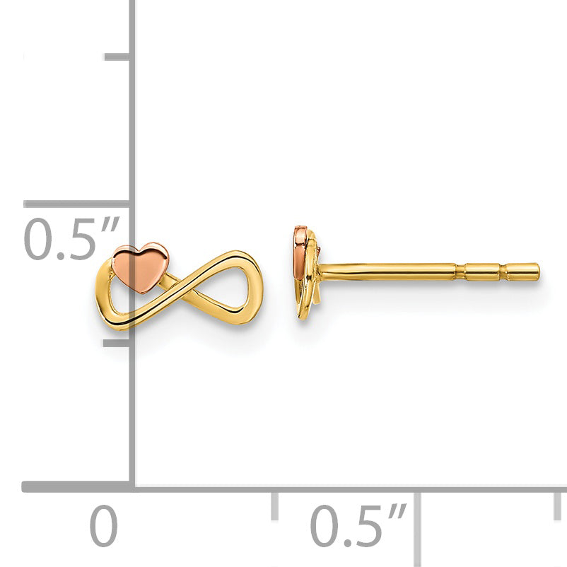 Pendientes de Botón en Oro Bicolor de 14k con Corazón y Símbolo de Infinito