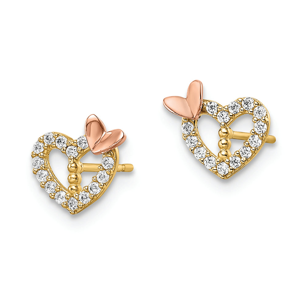 Pendientes de Corazón con Circonitas y Mariposa en Dos Tonos de 14k con Cierre Post