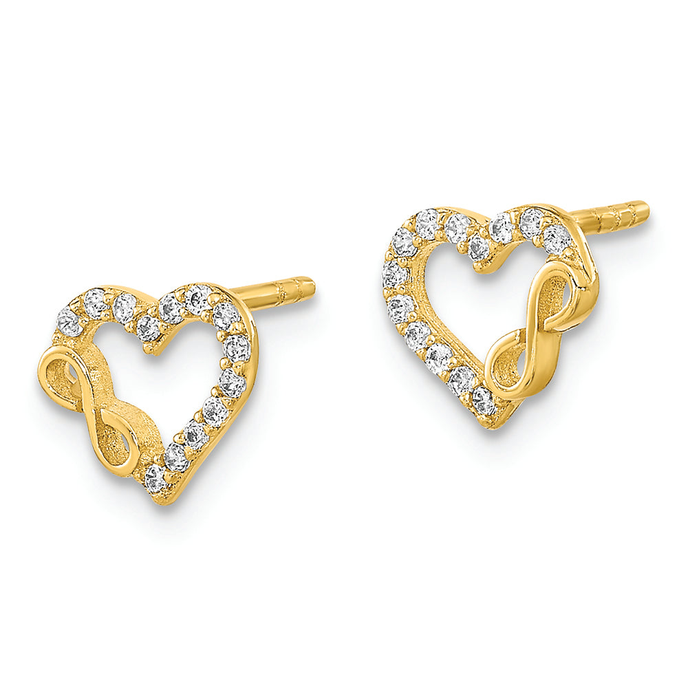 Pendientes de Botón en Oro Amarillo de 14K con Corazón Cortado y Símbolo de Infinito con Circonitas