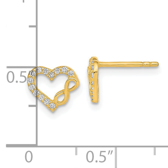 Pendientes de Botón en Oro Amarillo de 14K con Corazón Cortado y Símbolo de Infinito con Circonitas