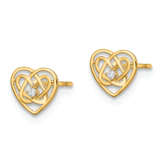 Pendientes de Corazón Trinity con CZ en Oro de 14k