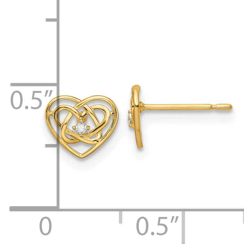 Pendientes de Corazón Trinity con CZ en Oro de 14k