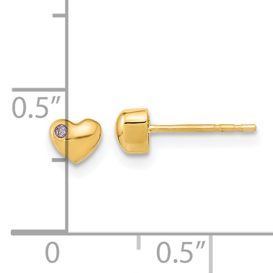 Pendientes de Corazón Pulido con CZ en Oro Amarillo de 14k