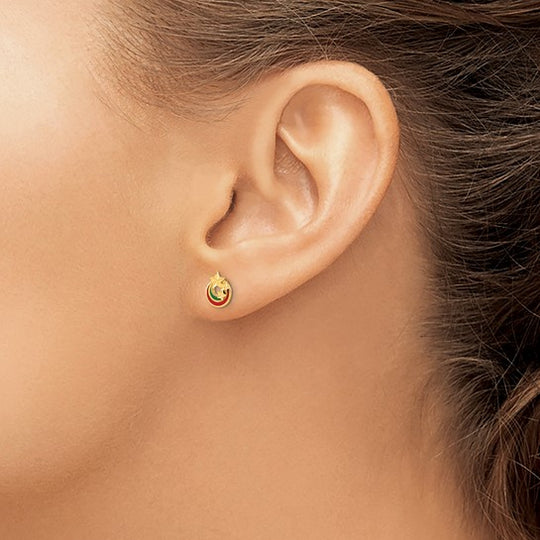 Pendientes de Estrella Cortada con Diamante, Esmalte y Pulido en Oro de 14k