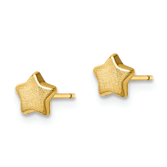 Pendientes de Botón con Estrella Satinada y Pulida en Oro Amarillo de 14k