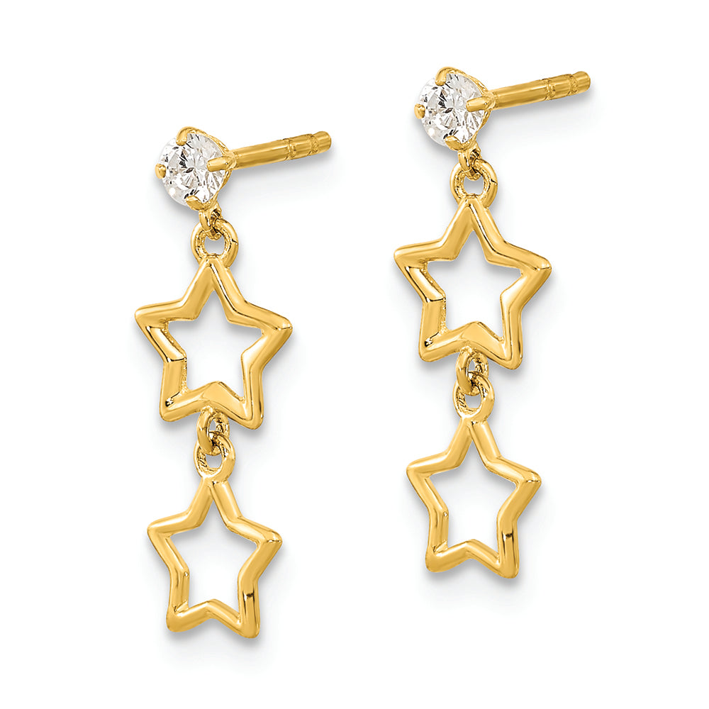 Aretes Colgantes Estrella con CZ y Poste de 14K Pulidos