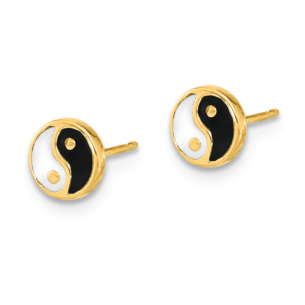 Pendientes de Botón en Oro Amarillo de 14K con Esmalte Negro/Blanco Yin y Yang