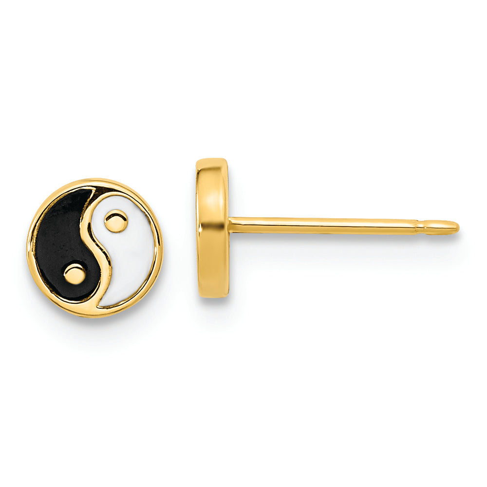 Pendientes de Botón en Oro Amarillo de 14K con Esmalte Negro/Blanco Yin y Yang