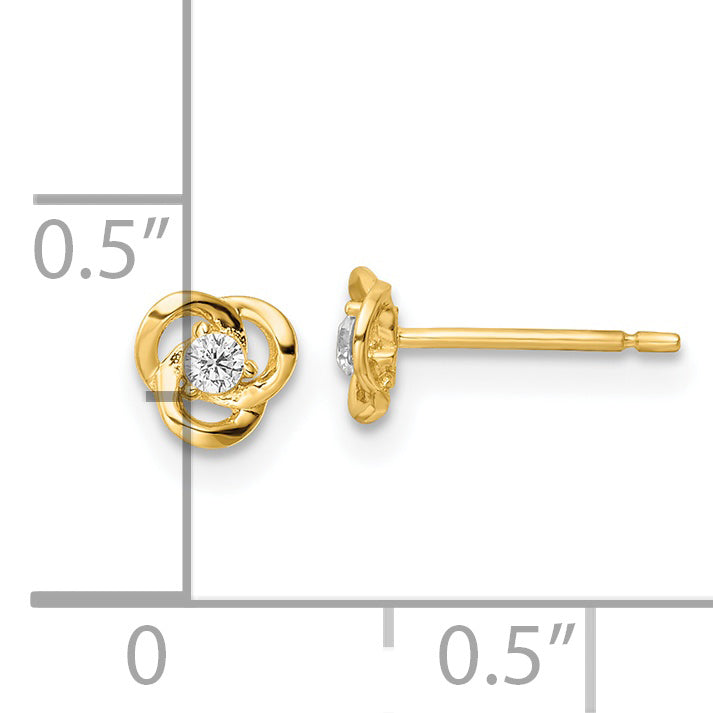 Pendientes de Botón de Oro Amarillo de 14k Pulido con Flor y Circonita Cúbica (CZ)