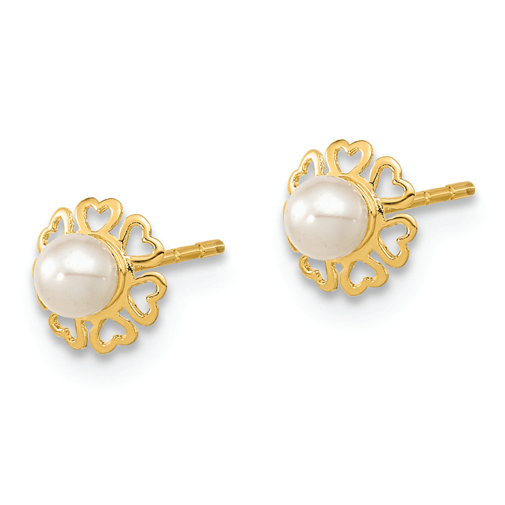 Aretes de Corazones Pequeños Pulidos con Pétalos y Perla Cultivada de Agua Dulce de 14k