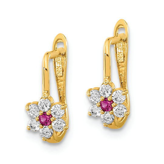 Aretes Aros de Flores con CZ Rojos y Blancos Pulidos de 14K