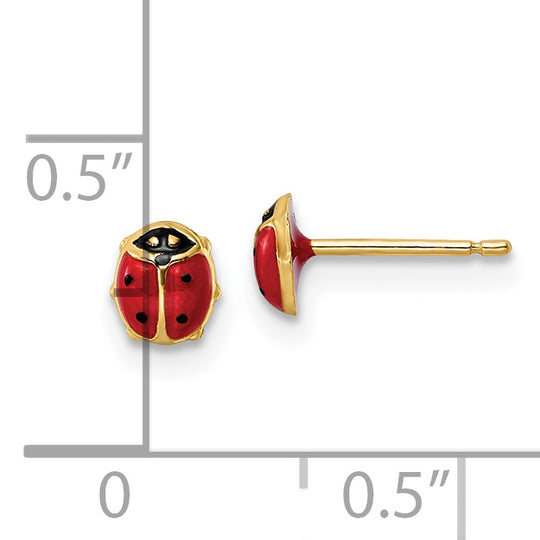 Pendientes de Botón con Pequeña Mariquita Esmalte y Pulido en Oro de 14k