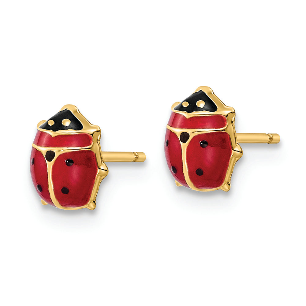 Pendientes de Botón en Oro Amarillo de 14K con Escarabajo Mediano Esmalte Rojo/Negro