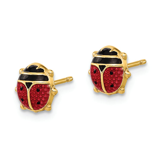 Pendientes de Botón en Oro Amarillo de 14K con Escarabajo en Esmalte Rojo/Negro