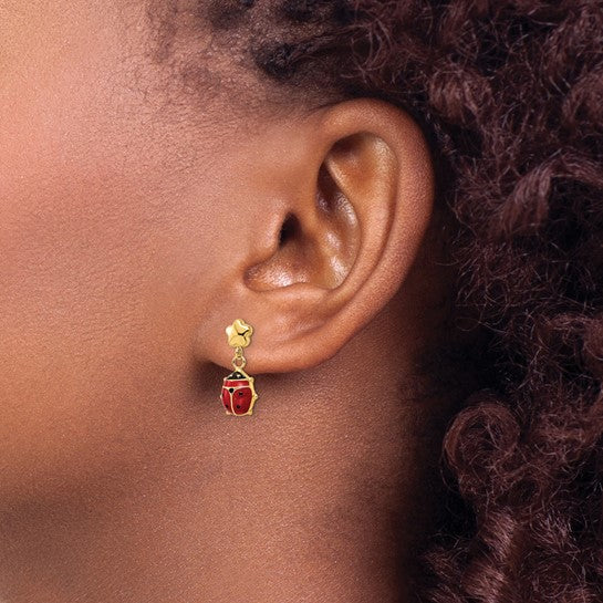 Aretes Colgantes de Flor Esmalte con Mariquita Pulidos de 14K